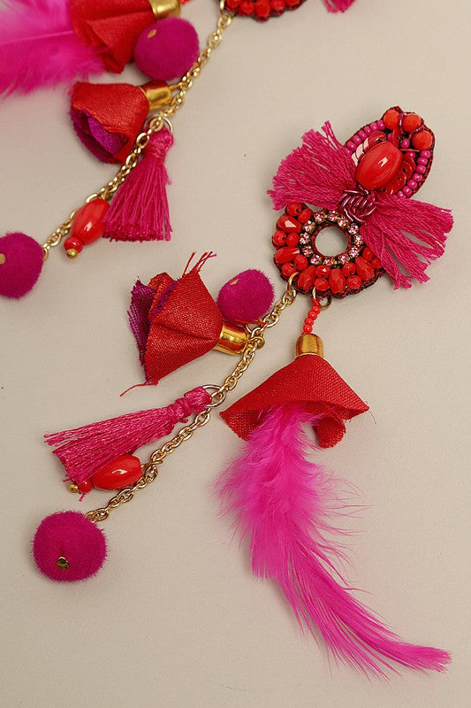 Fiesta Beaded Tassel Earrings with Feather Drop