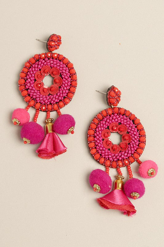 Boho Tribal Beaded Pom Pom Drop Earrings