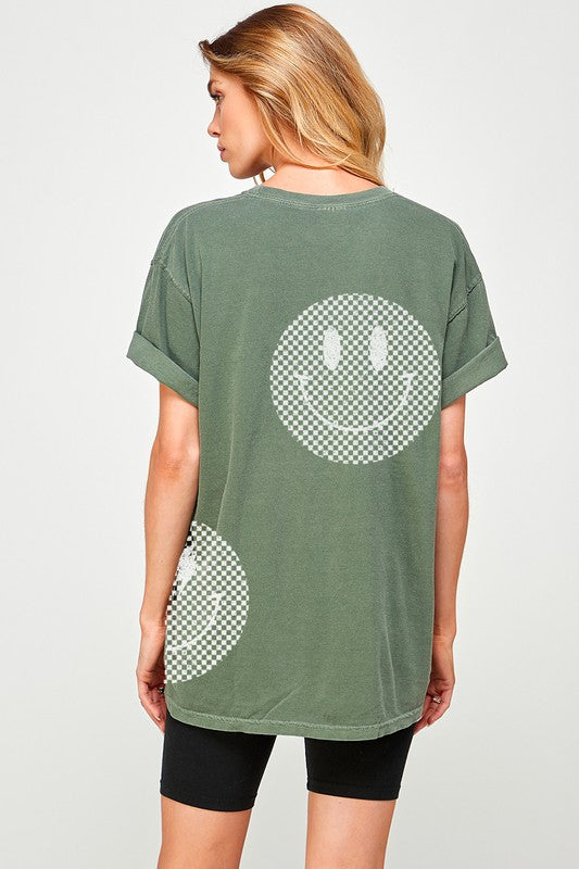 Load image into Gallery viewer, Checkered Smiley Face Oversized Graphic Tee
