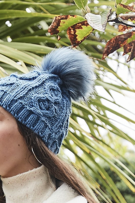 Blue Cable Knit Pom Beanie Hat Vegan Faux Fur