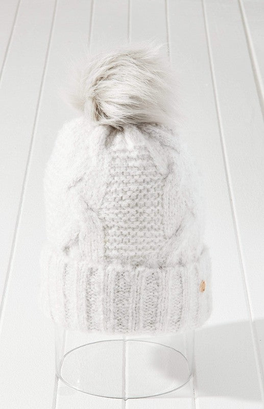Cable Knit Pom Beanie Hat Vegan Fur