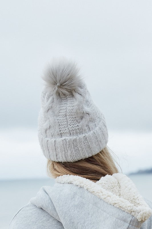 Cable Knit Pom Beanie Hat Vegan Fur