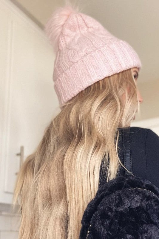 Cable Knit Pom Beanie Hat Vegan Fur