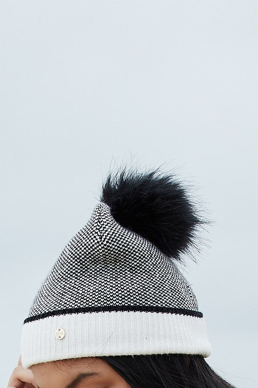 Checkered Pom Beanie Hat Vegan Faux Fur