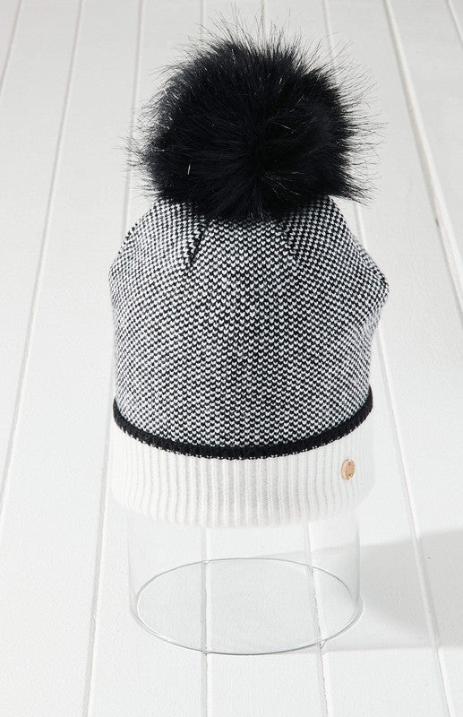 Load image into Gallery viewer, Checkered Pom Beanie Hat Vegan Faux Fur

