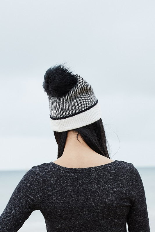 Checkered Pom Beanie Hat Vegan Faux Fur