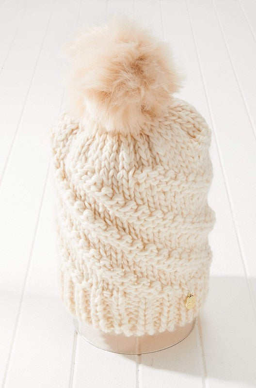 Chunky Cable Knit Pom Beanie Hat Vegan Faux Fur