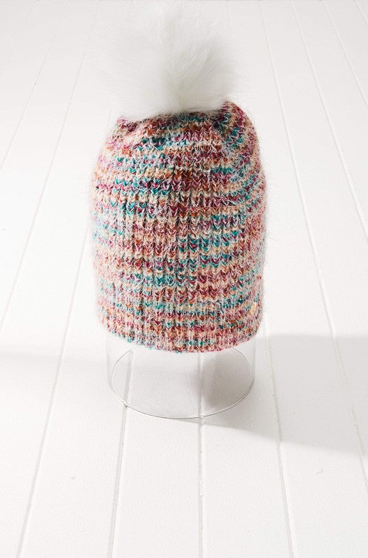 Load image into Gallery viewer, Cozy Flecked Knit Pom Beanie Vegan Faux Fur
