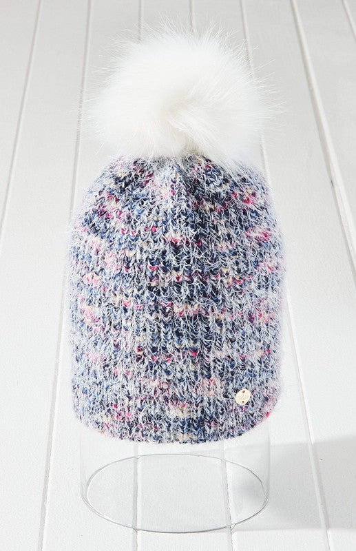Load image into Gallery viewer, Cozy Flecked Knit Pom Beanie Vegan Faux Fur
