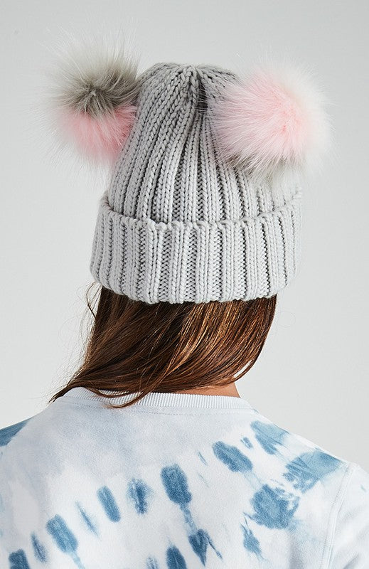 Load image into Gallery viewer, Double Pom Ribbed Beanie Hat Vegan Faux Fur

