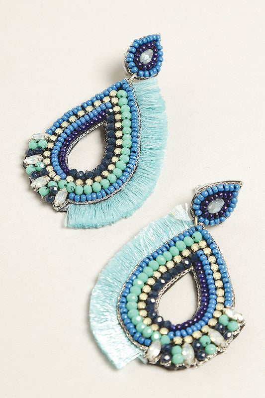Tribal Blue Teardrop Seed Beaded Post Earrings