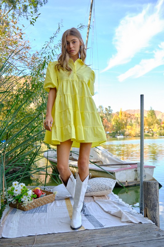 Kate Button Up Tiered Puff Sleeve Shirt Dress