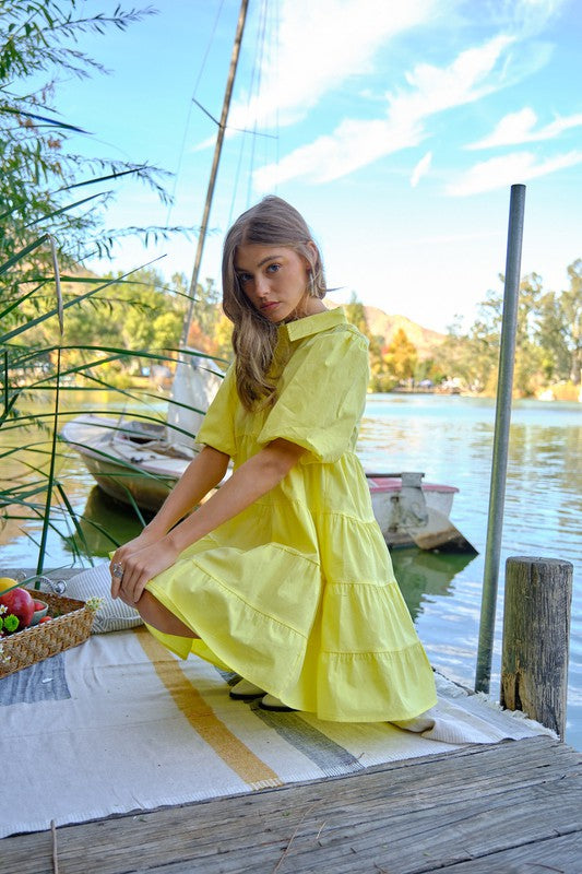 Kate Button Up Tiered Puff Sleeve Shirt Dress