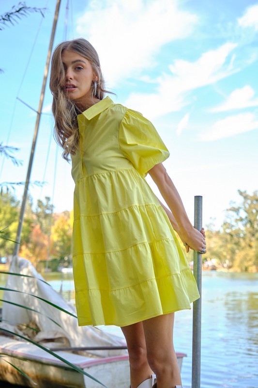 Load image into Gallery viewer, Kate Button Up Tiered Puff Sleeve Shirt Dress
