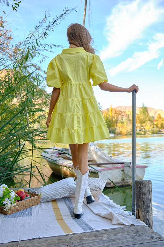 Kate Button Up Tiered Puff Sleeve Shirt Dress