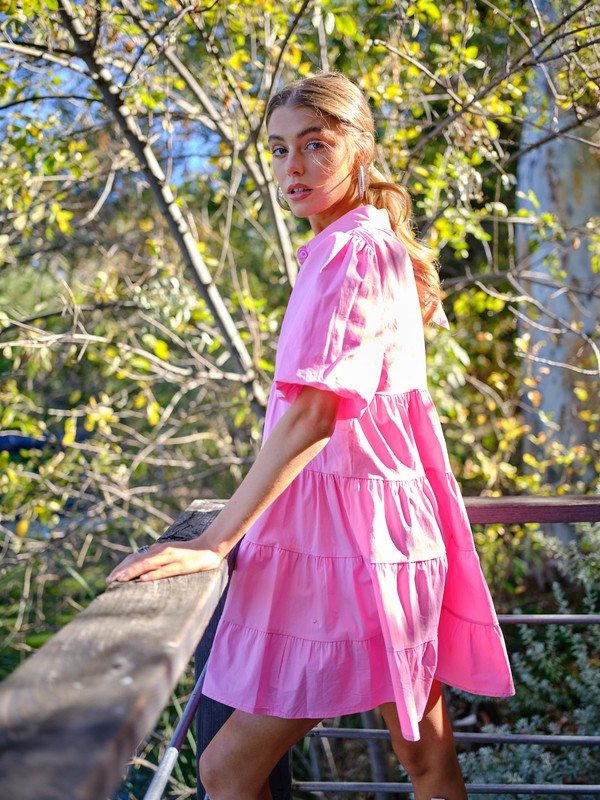 Kate Button Up Tiered Puff Sleeve Shirt Dress