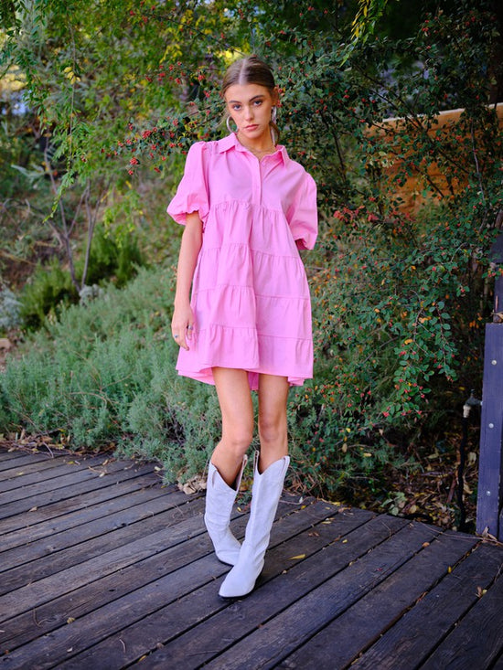 Kate Button Up Tiered Puff Sleeve Shirt Dress