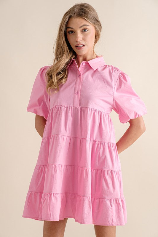 Kate Button Up Tiered Puff Sleeve Shirt Dress