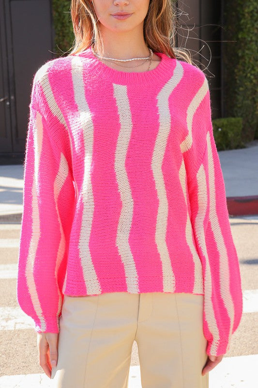 Wave Stripe Pattern Drop Shoulder Sweater