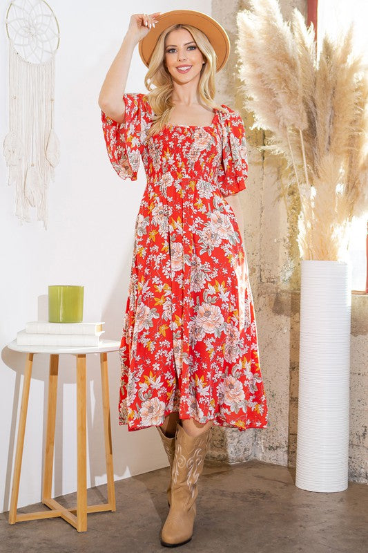 Smocked Floral Dress with Pockets