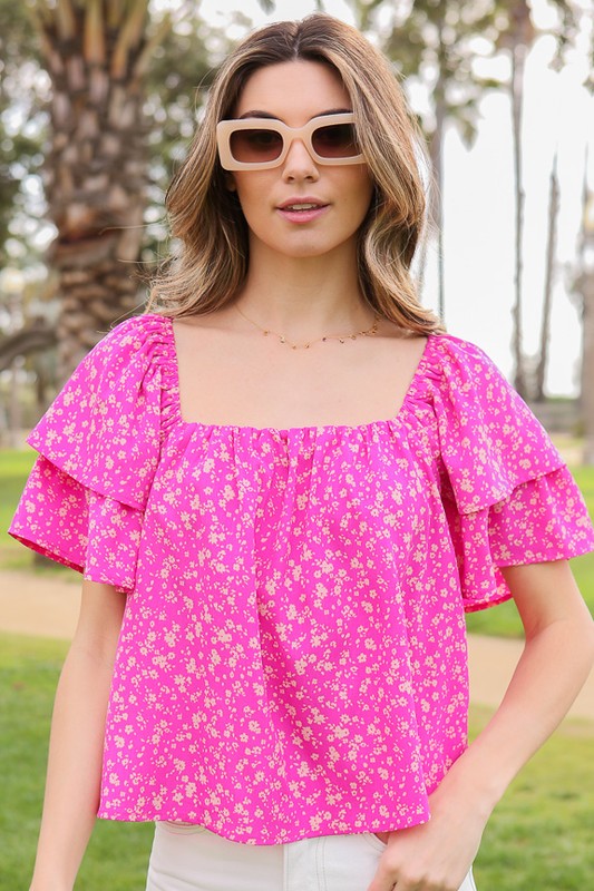 Smocked Square Neck Floral Blouse