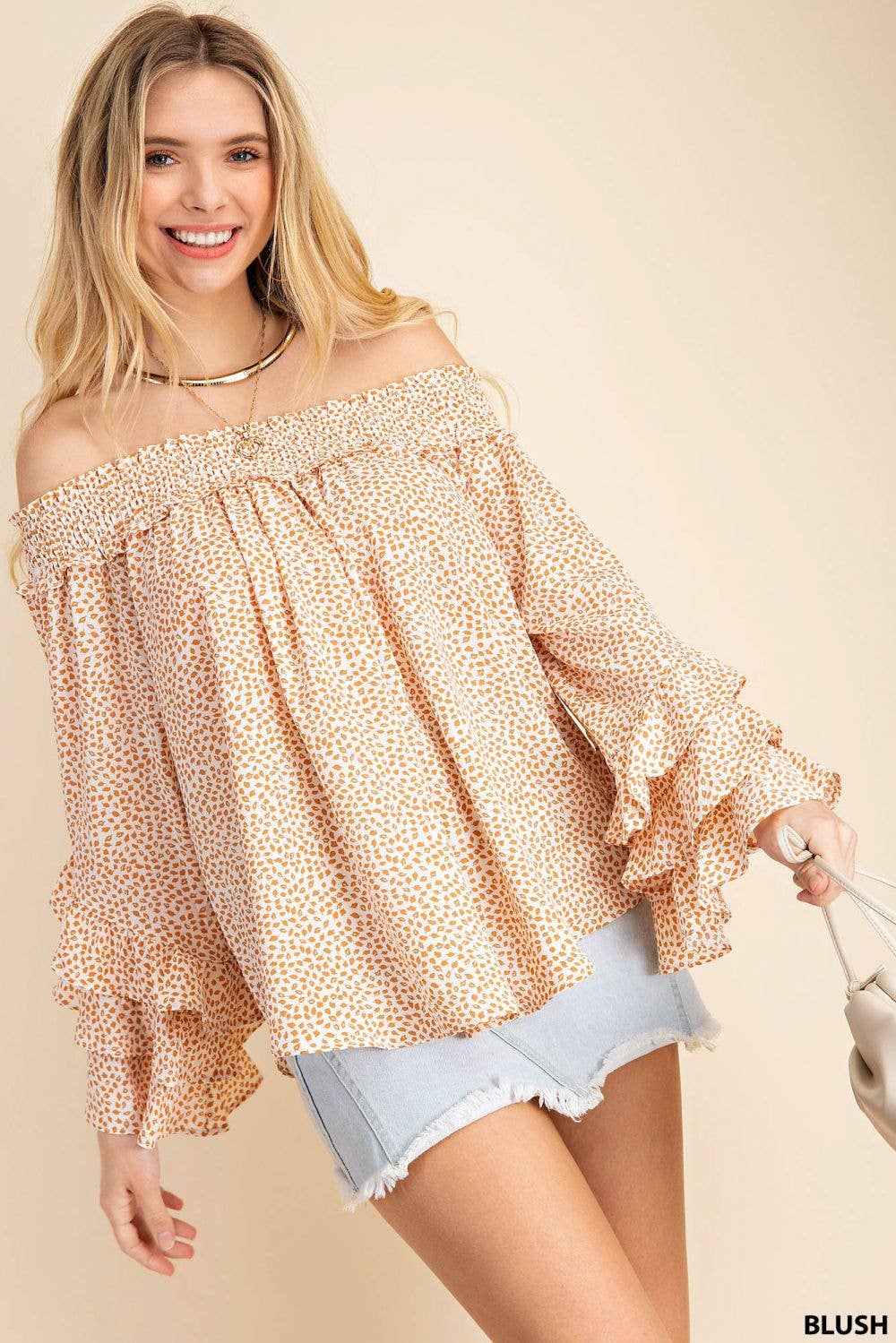 Orange & White Ruffle Sleeve OTS Blouse