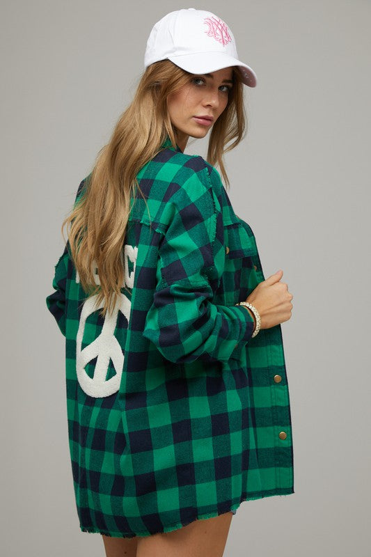 Peace Sign Plaid Button Down Shacket