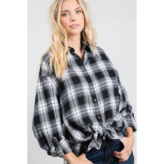 Load image into Gallery viewer, Black &amp;amp; White Plaid Flannel Tunic
