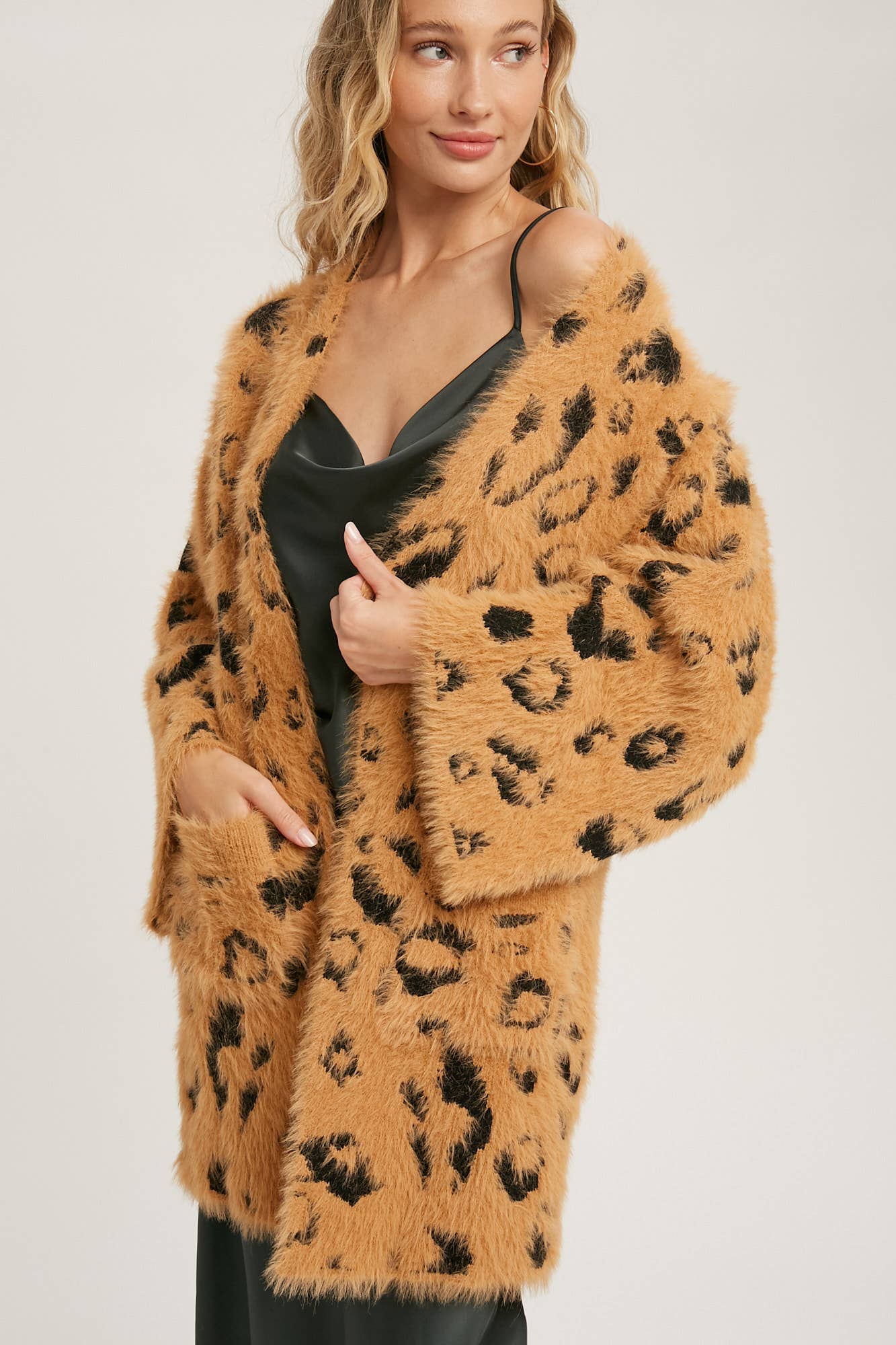 Camel Fuzzy Leopard Cardigan
