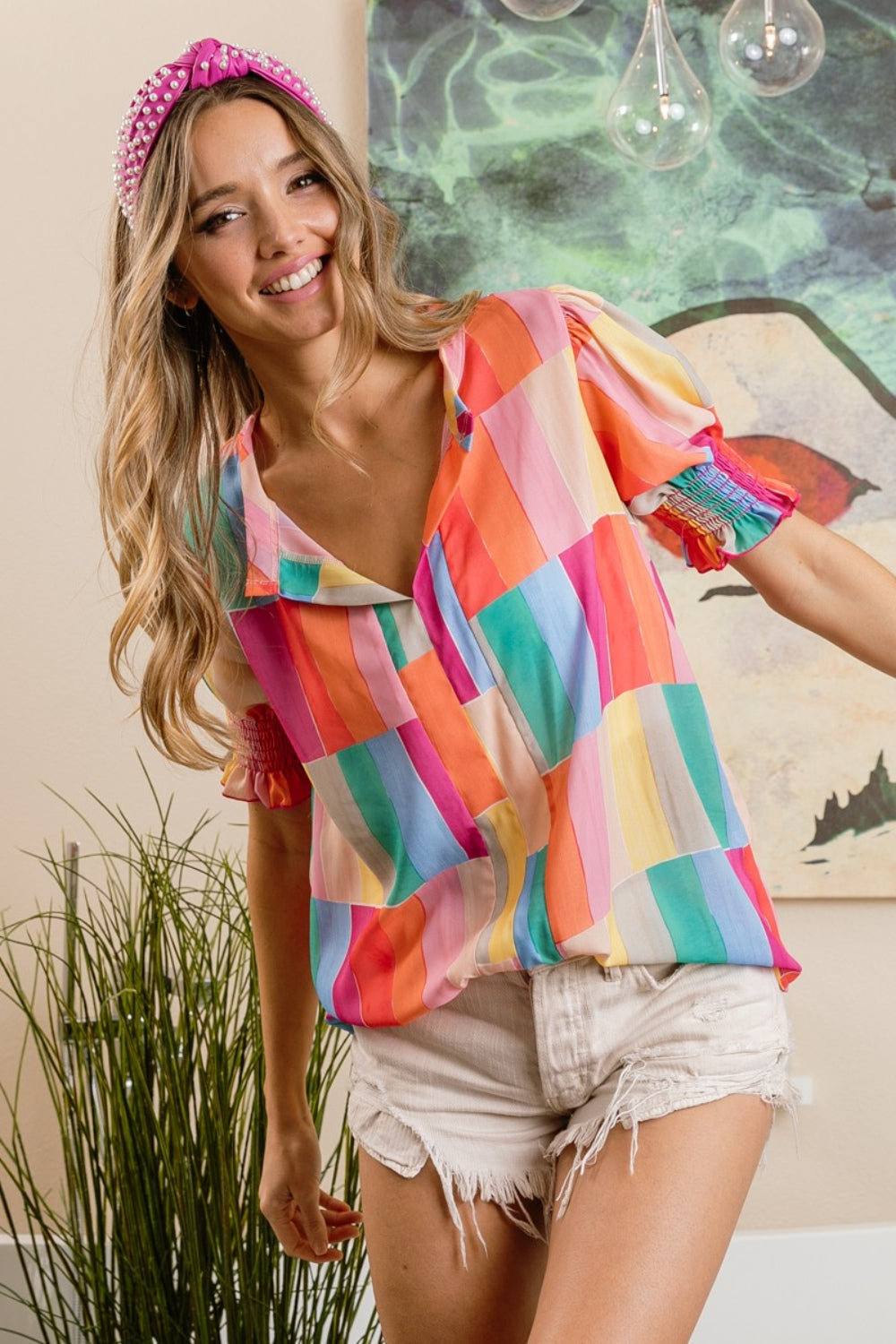 Color Block Smocked Short Sleeve Blouse