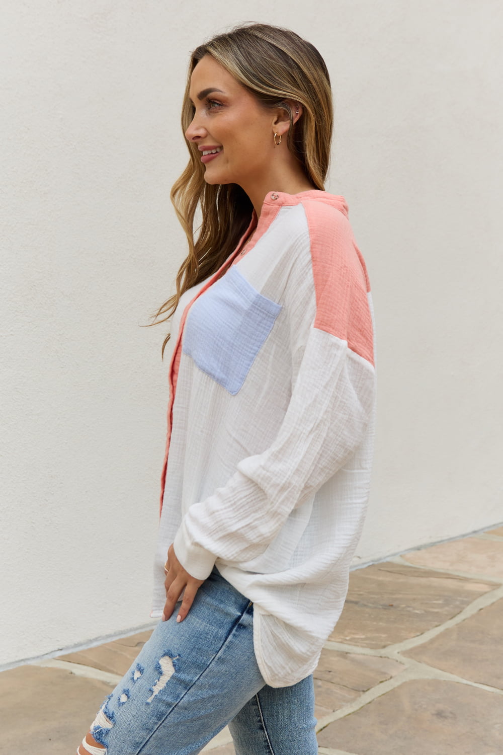 Crystal Color Block Woven Button Down Top