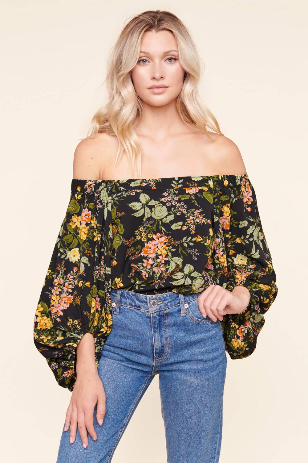 Black Floral OTS Top