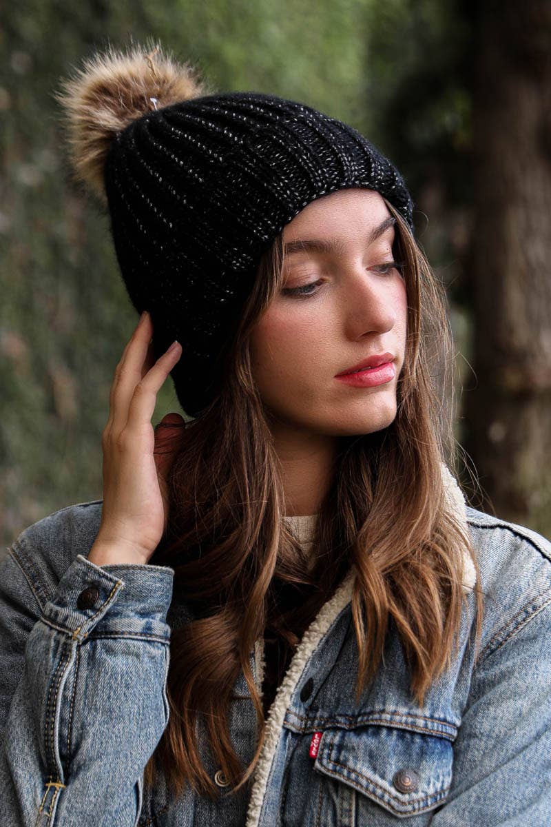 Black Metallic Rib Knit Pom-Pom Beanie