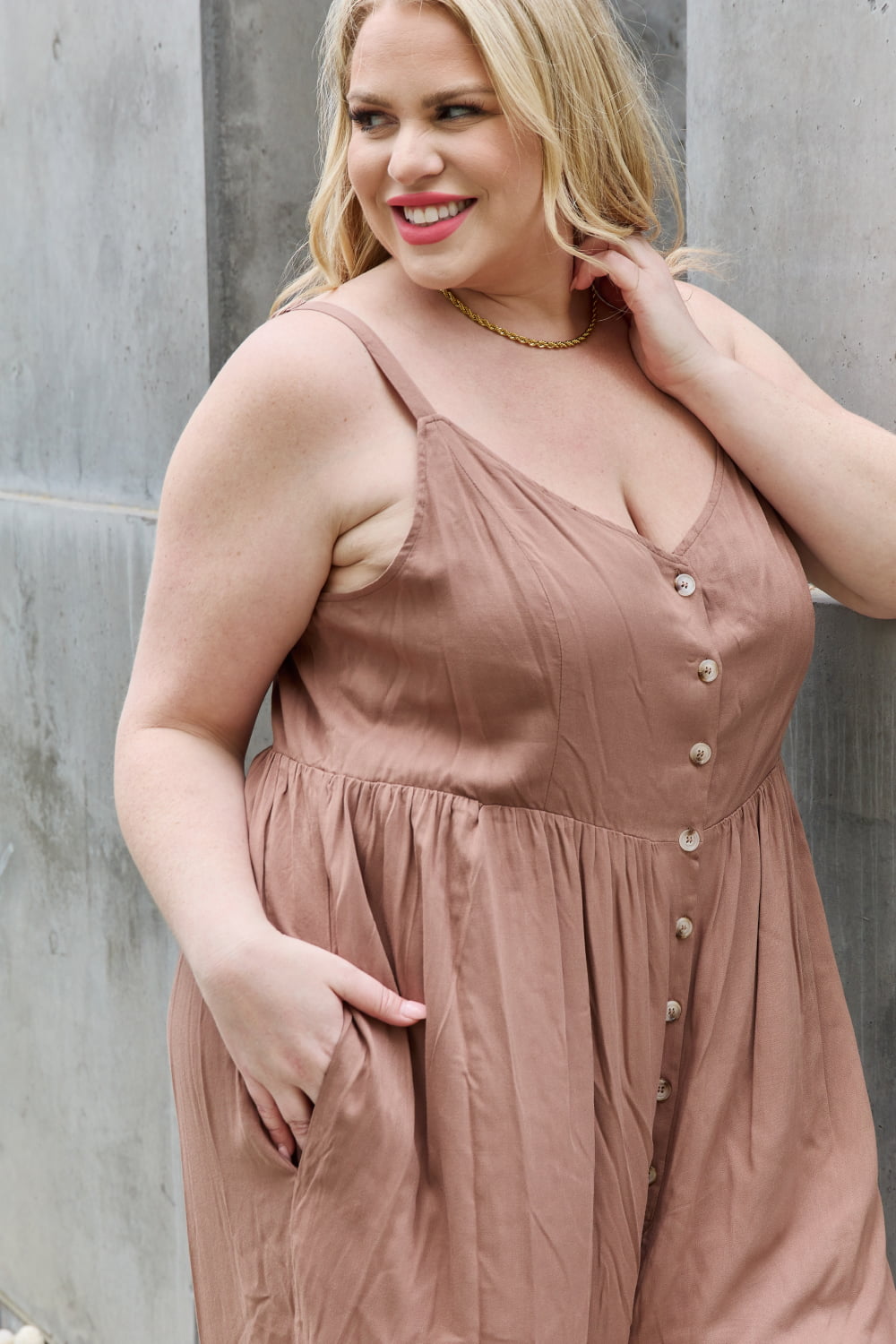 Millie Wide Leg Button Down Jumpsuit in Mocha