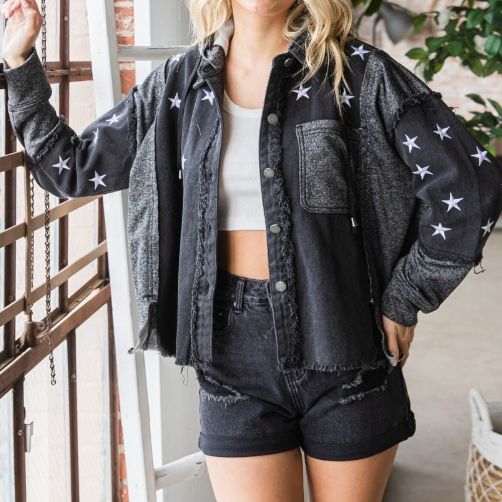 
                      
                        Star Embroidered Hooded Denim Jacket
                      
                    