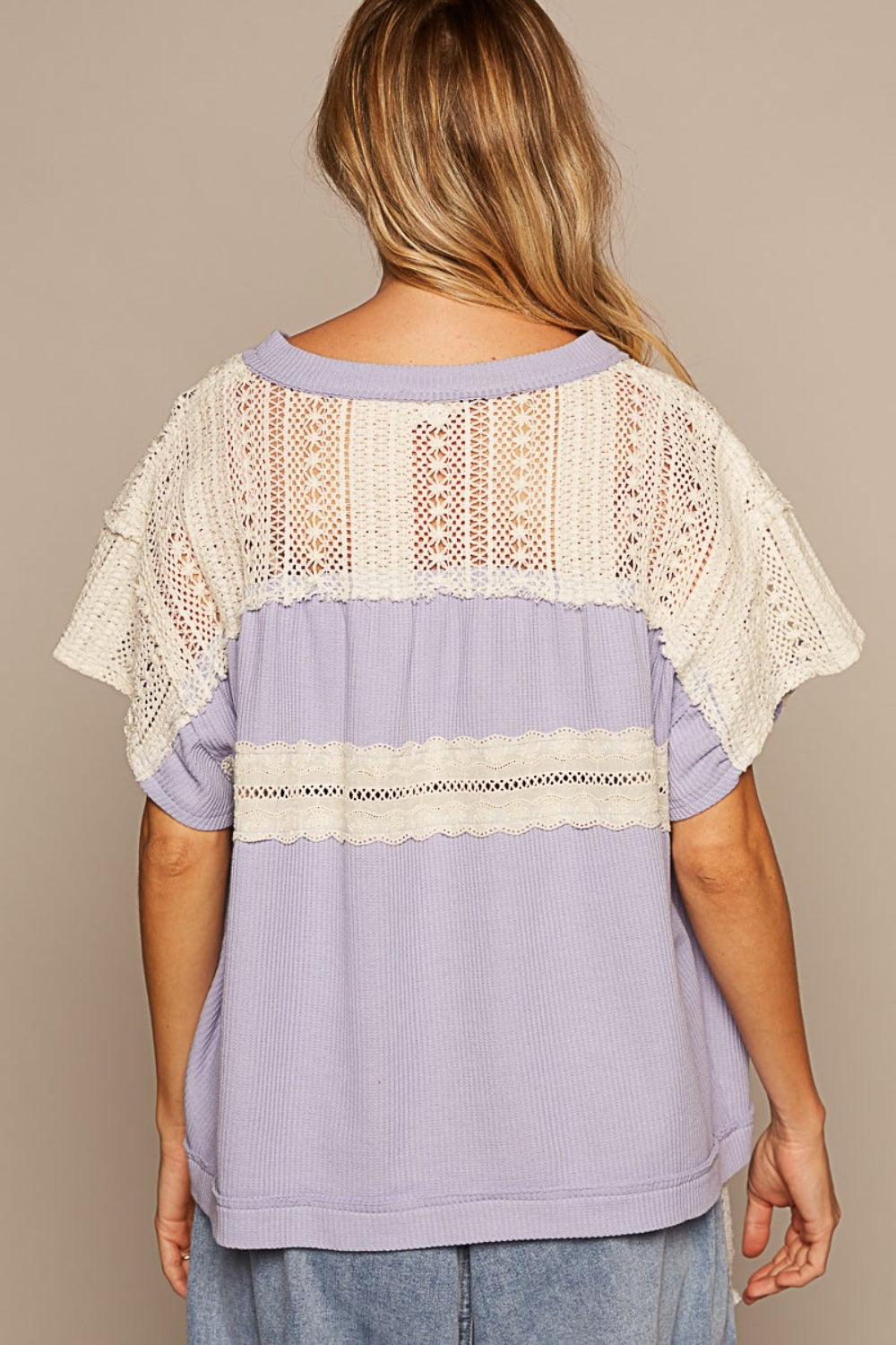 V-Neck Short Sleeve Crochet Detail Top