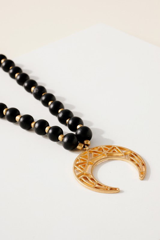 Wood Bead Crescent Pendant Necklace