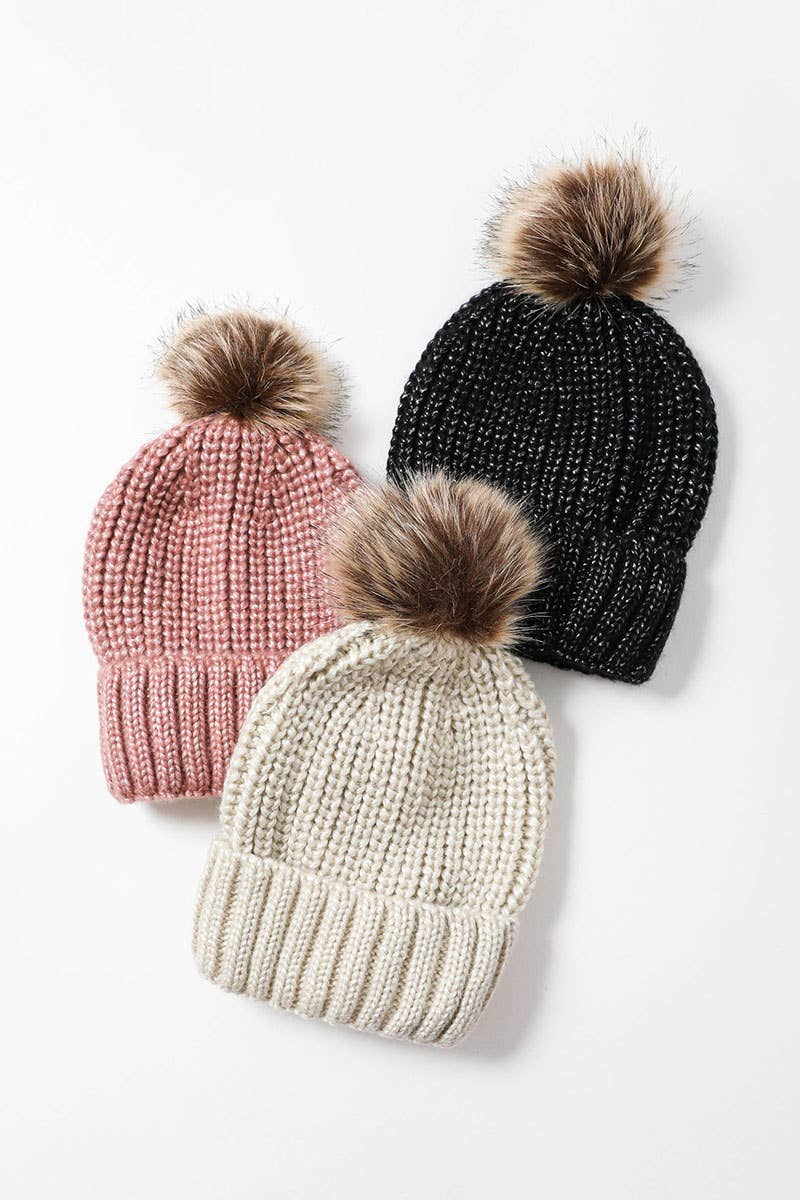 Cream Metallic Rib Knit Pom-Pom Beanie