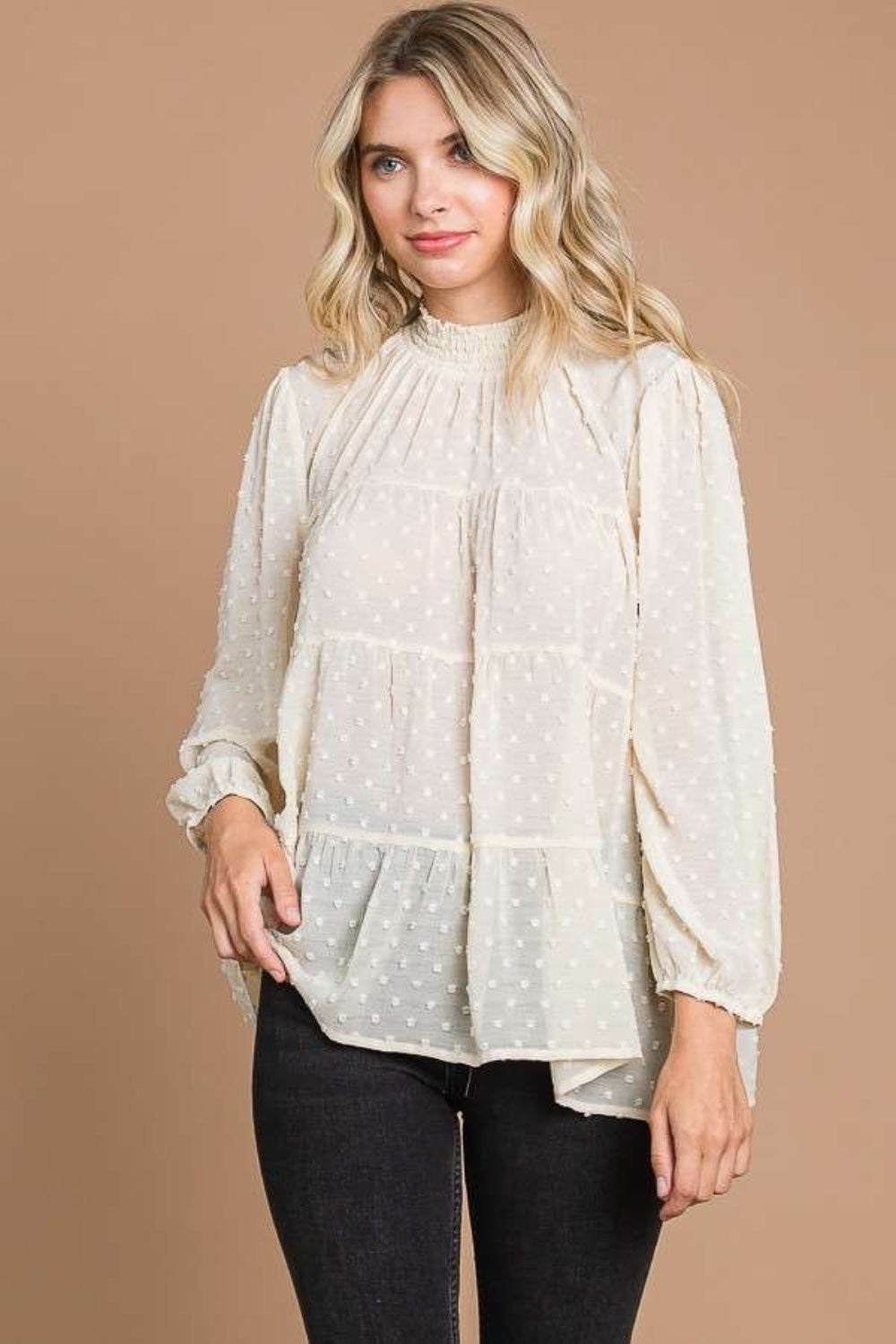 Swiss Dot Smocked Mock Neck Blouse