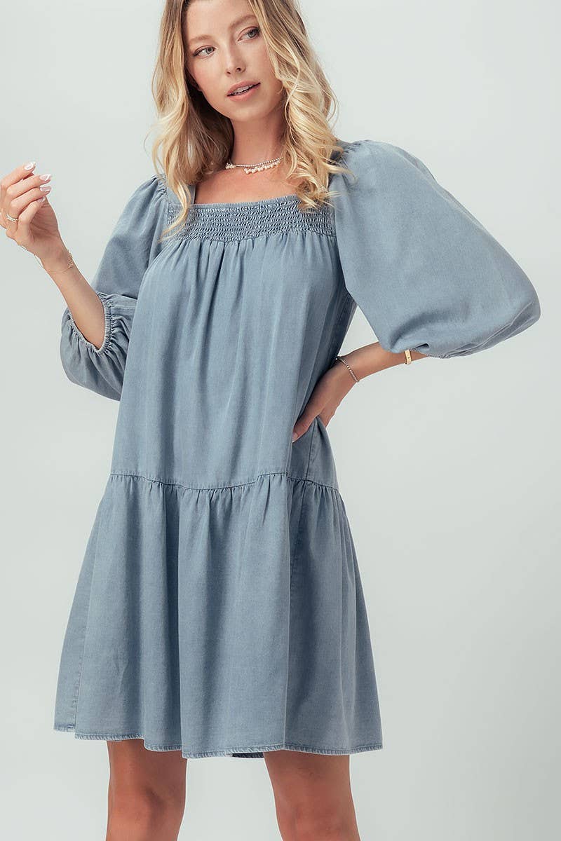 Baloon Sleeve Chambray Swing Dress