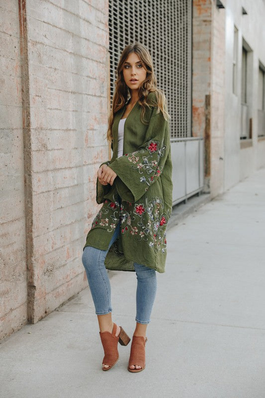 Floral Embroidered Kimono Cardigan