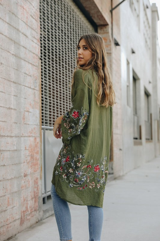 Floral Embroidered Kimono Cardigan