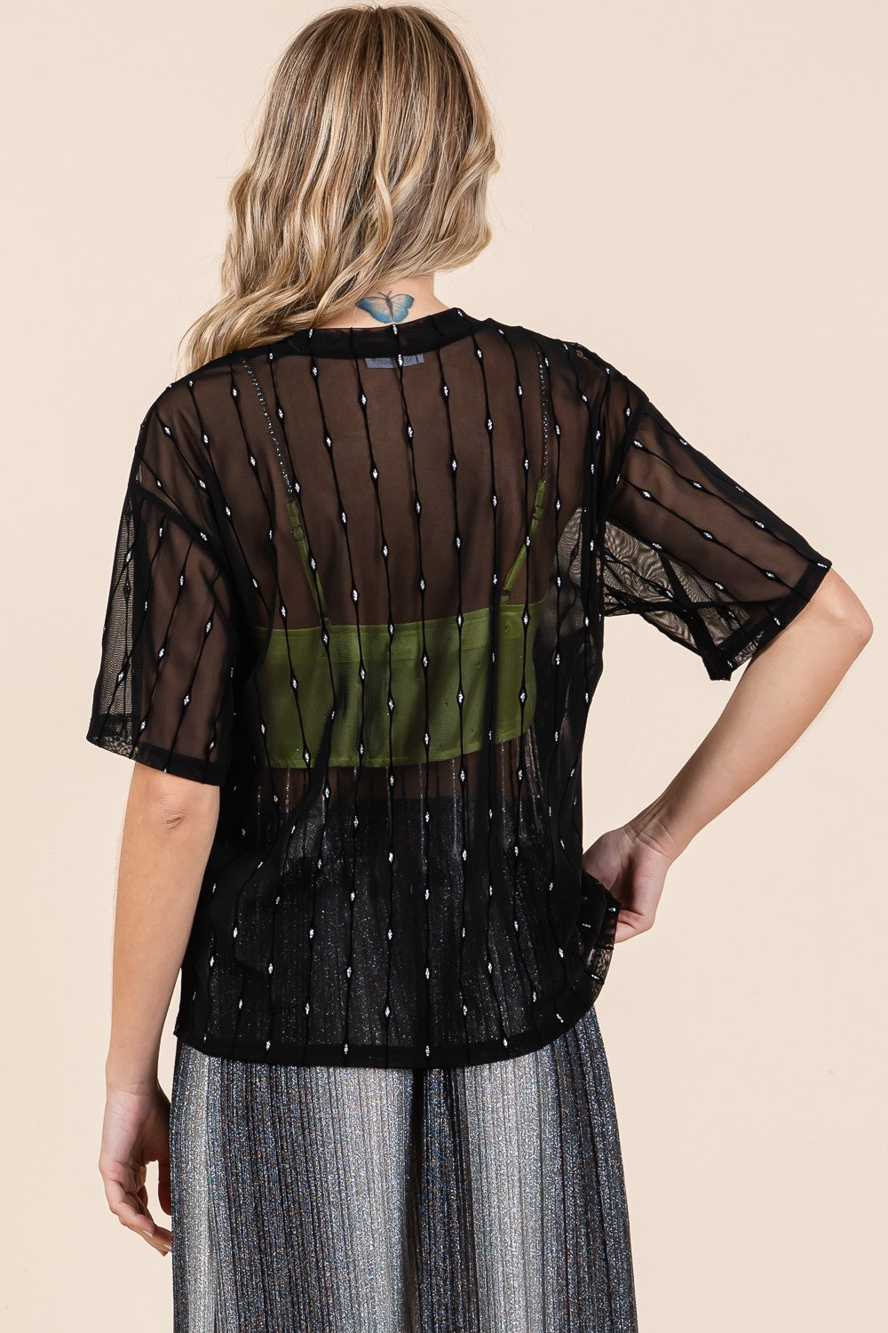 Round Neck Drop Shoulder Mesh Glitter Top