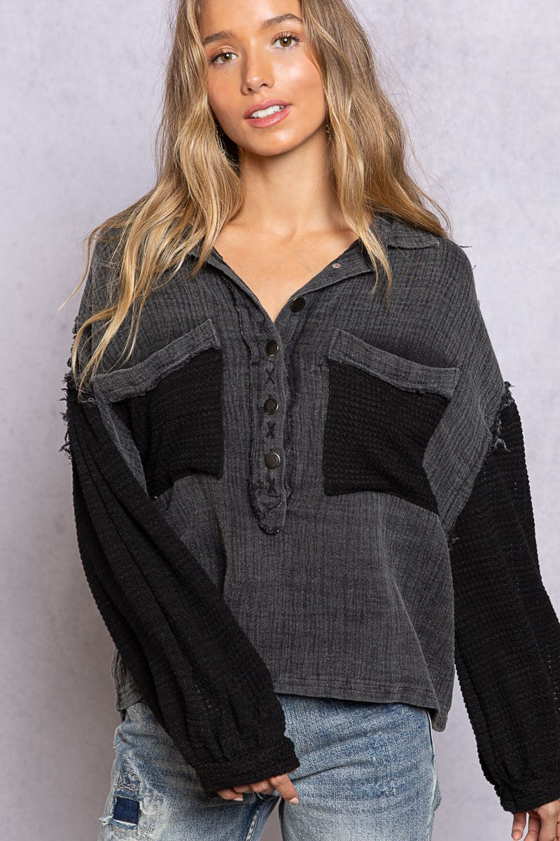 Oversized Contrast Long Sleeve Half Button Blouse