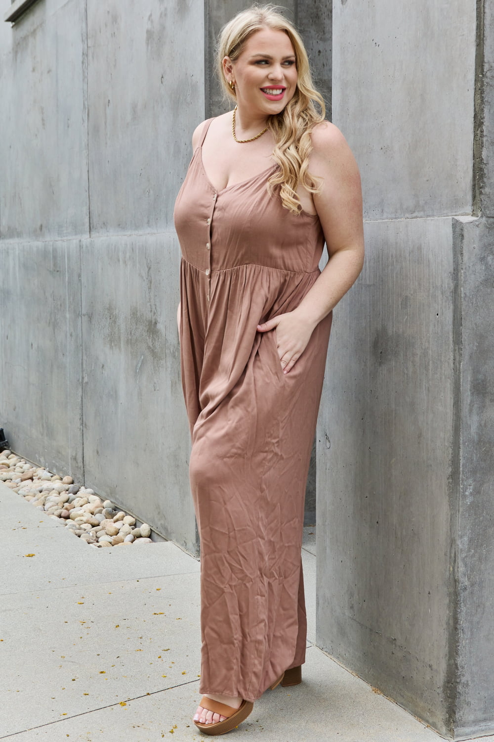 Millie Wide Leg Button Down Jumpsuit in Mocha