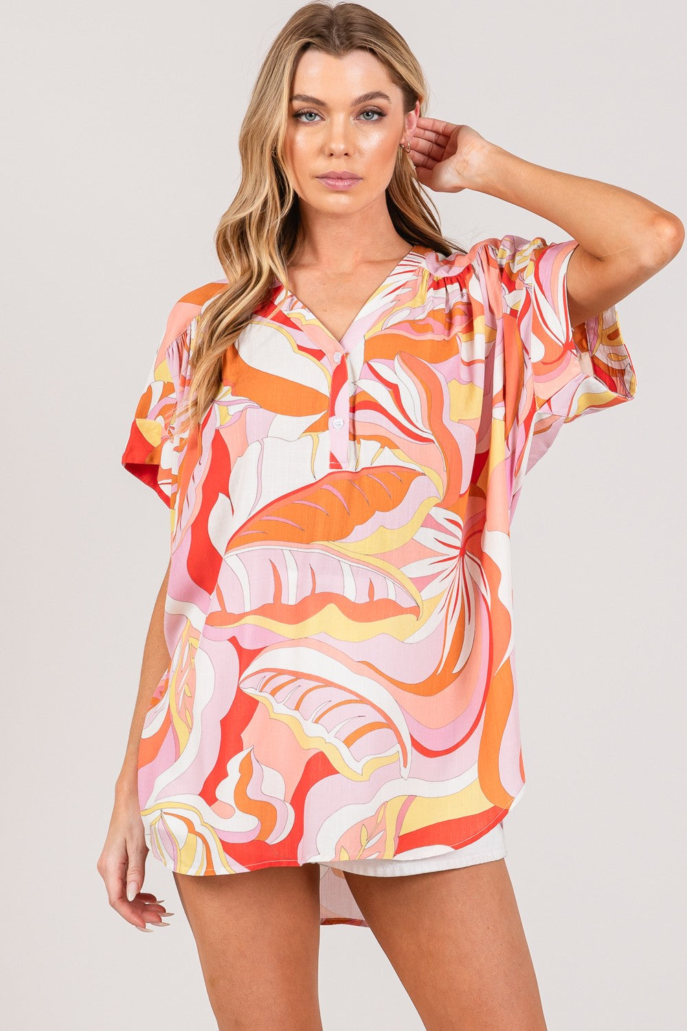 Abstract Print Half Button Blouse