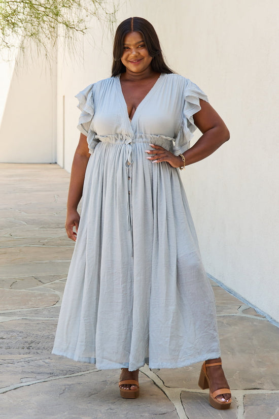 Belle Drawstring Deep V Butterfly Sleeve Maxi Dress