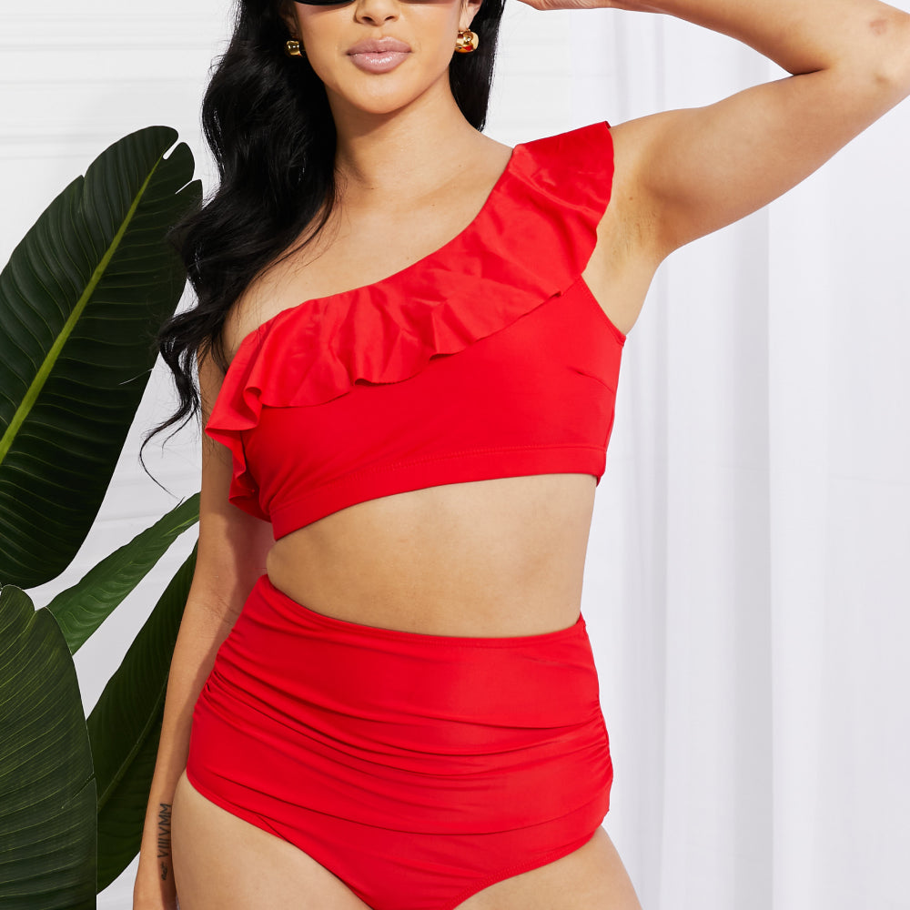 Seaside Romance Ruffle One-Shoulder Bikini in Red