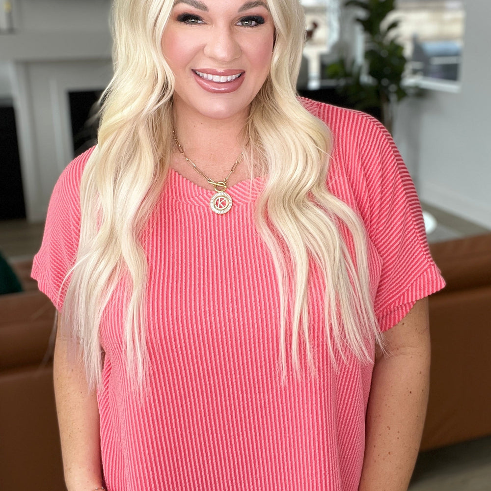 
                      
                        Textured Line Twisted Short Sleeve Top in Coral
                      
                    