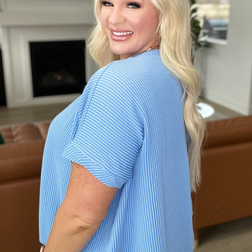 
                      
                        Textured Line Twisted Short Sleeve Top in Sky Blue
                      
                    